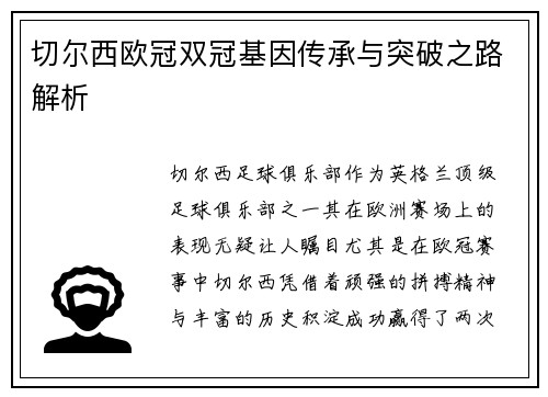 切尔西欧冠双冠基因传承与突破之路解析
