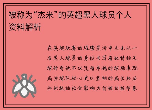 被称为“杰米”的英超黑人球员个人资料解析
